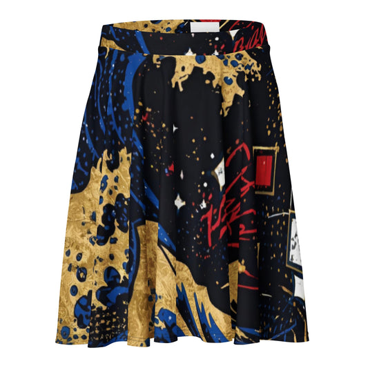 Japanese Wave Gold & Red – Luxury AOP Skater Skirt - 33LABEL