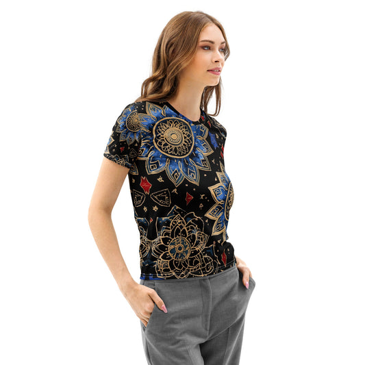 Blue Mandala Gold – Luxury AOP Women’s Crew Neck T-Shirt - 33LABEL