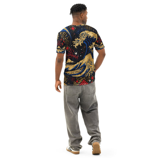 Japanese Wave Gold & Red – Luxury AOP Men’s Crew Neck T-Shirt - 33LABEL