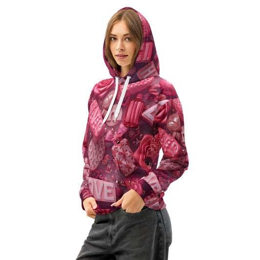 Pink Love & Hearts All - Over Print Hoodie – Romantic Valentine’s Day Gift Pullover - 33LABEL
